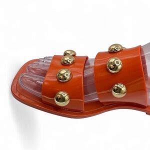 SCHUTZ ✘ Lizzie Jelly Slide Sandals Orange Gold Studded Flat Brazil Size 9